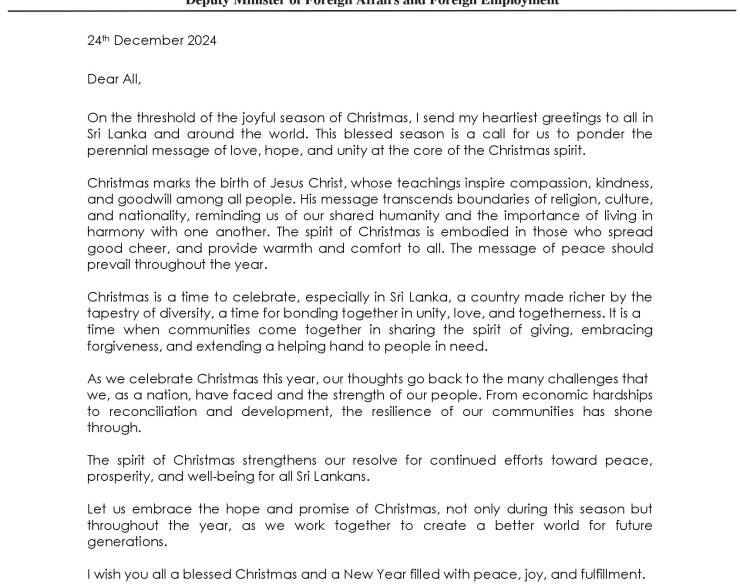 Christmas Message By Minister OF Foreign Affairs, Foreign Employment and Tourism